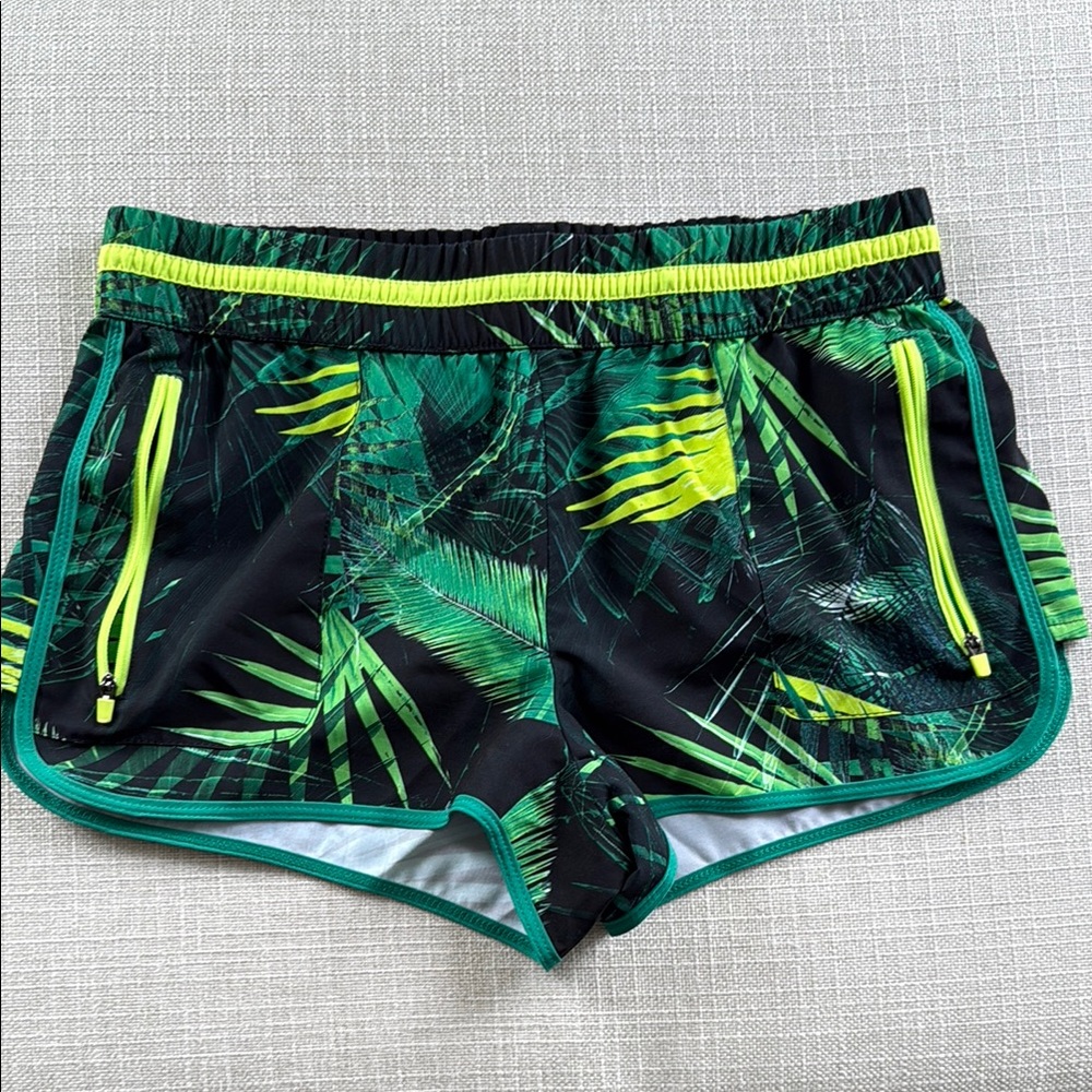 Fabletics Green and Black Athletic Shorts with Tropical Design